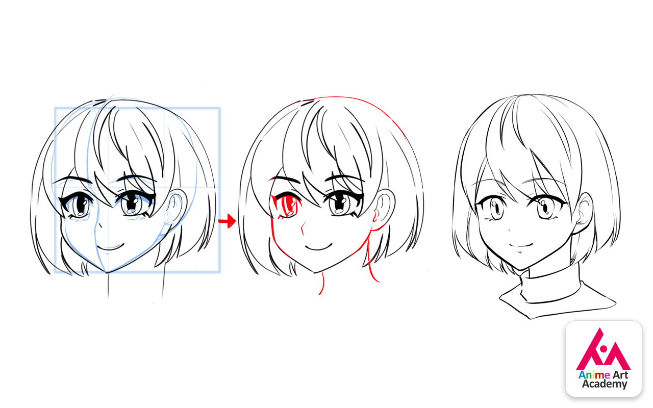Anime face drawing progressing from guidelines to finished line art, with Anime Art Academy logo