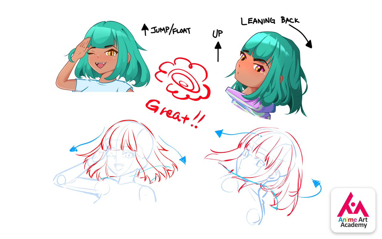 Anime girl with turquoise hair, shown in drawings exploring expression and movement