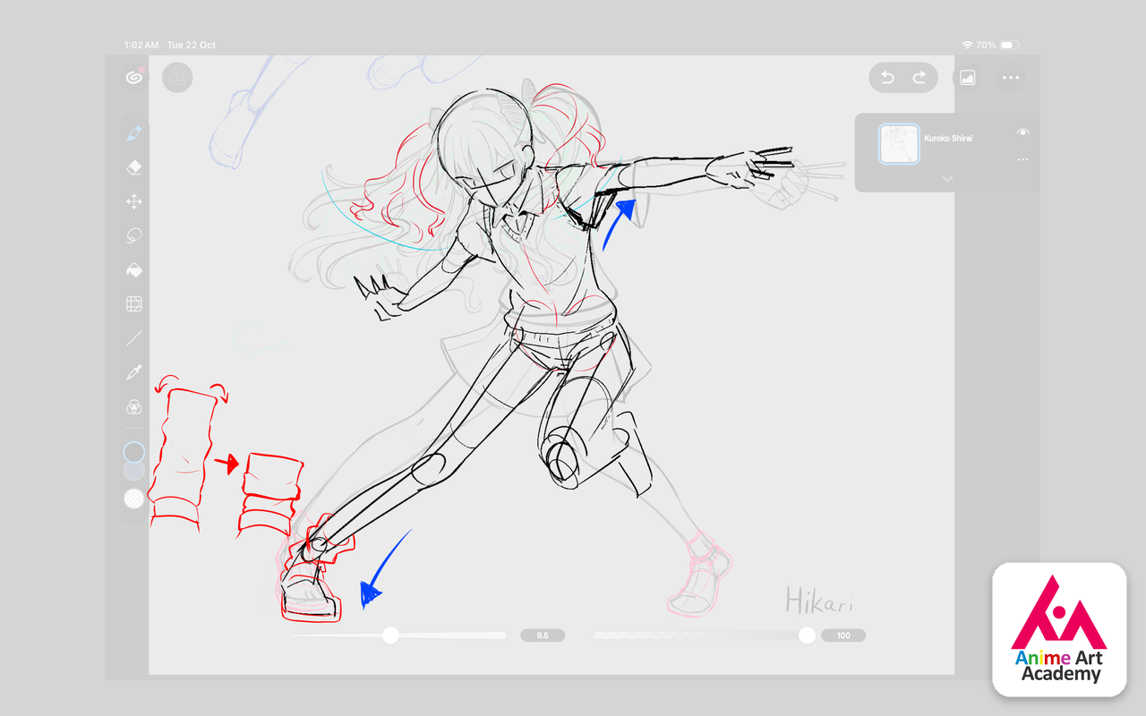 Dynamic running pose sketched in a drawing app with red and blue correction lines