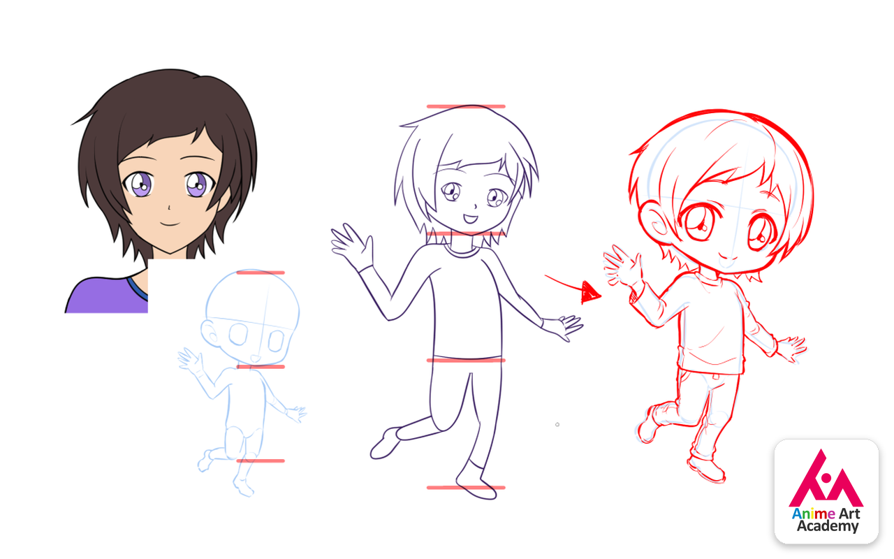 Chibi anime character from construction sketch to completed figure