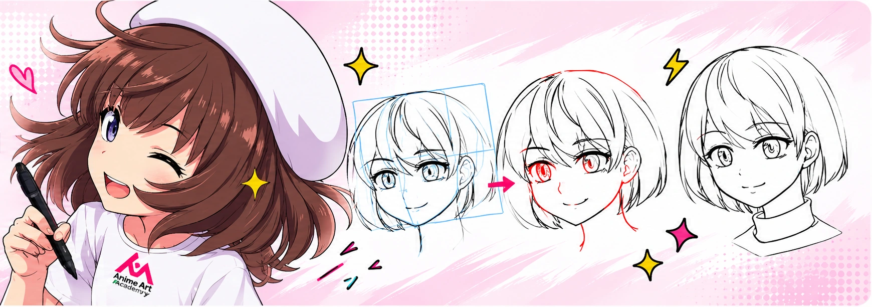 Anime character drawing with step-by-step anime face sketches