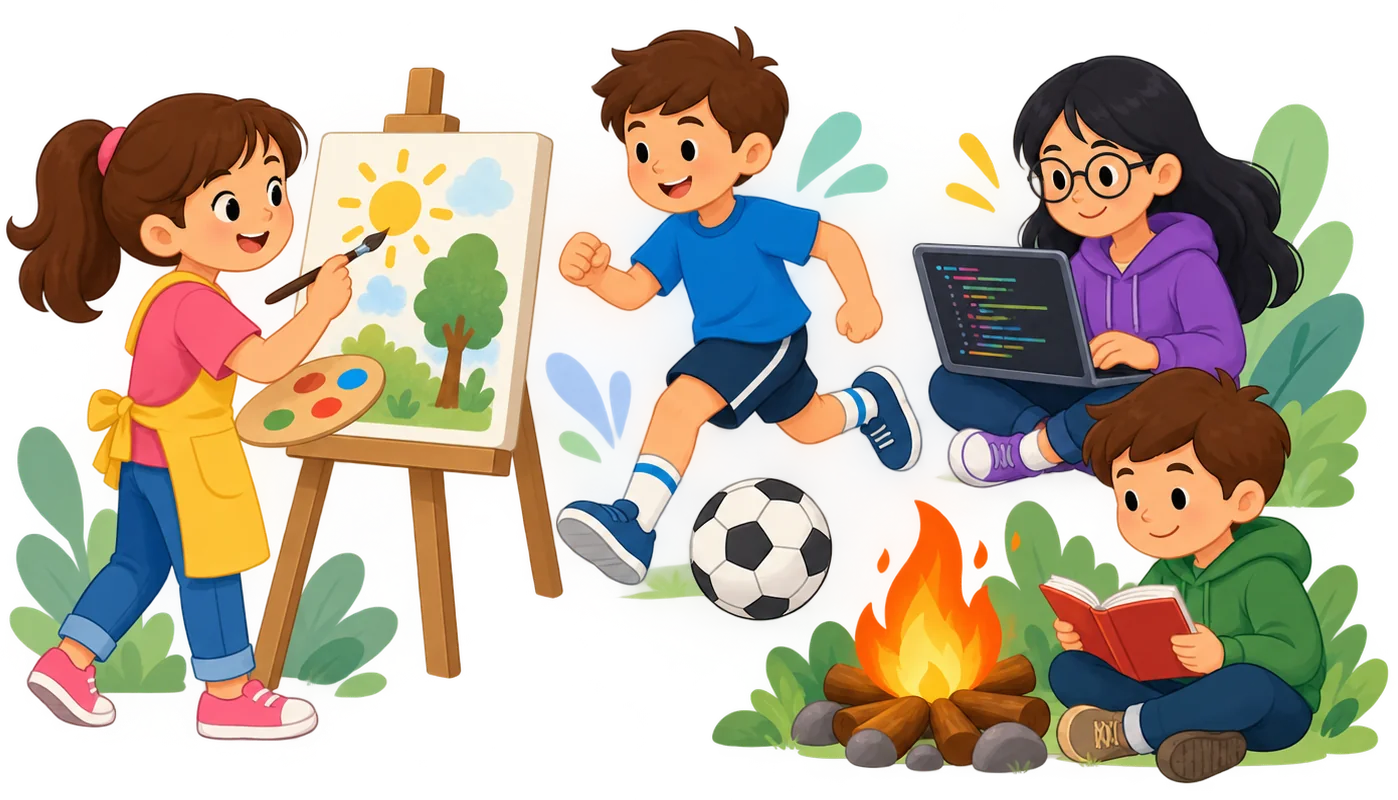 Kids doing art, sports, coding, and reading